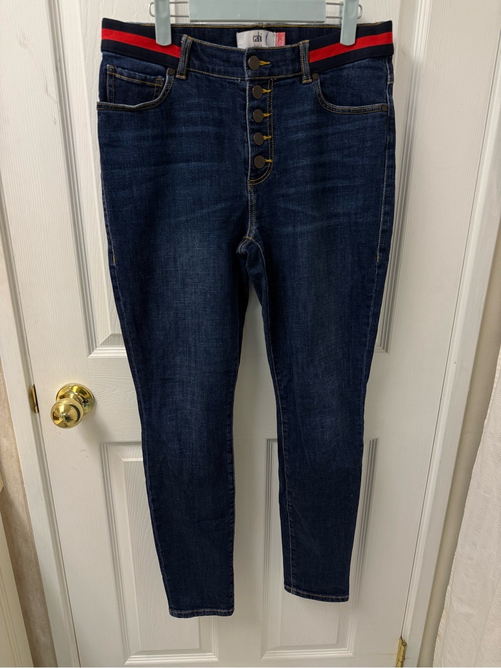 Cabi Button Fly Skinny Jeans #3751 Size 8 Dark Wash Black Red Waistband